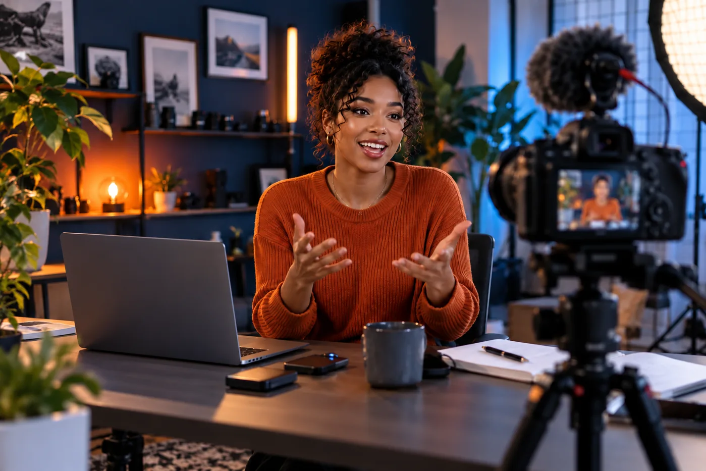 Professional content creator recording video in a polished studio
