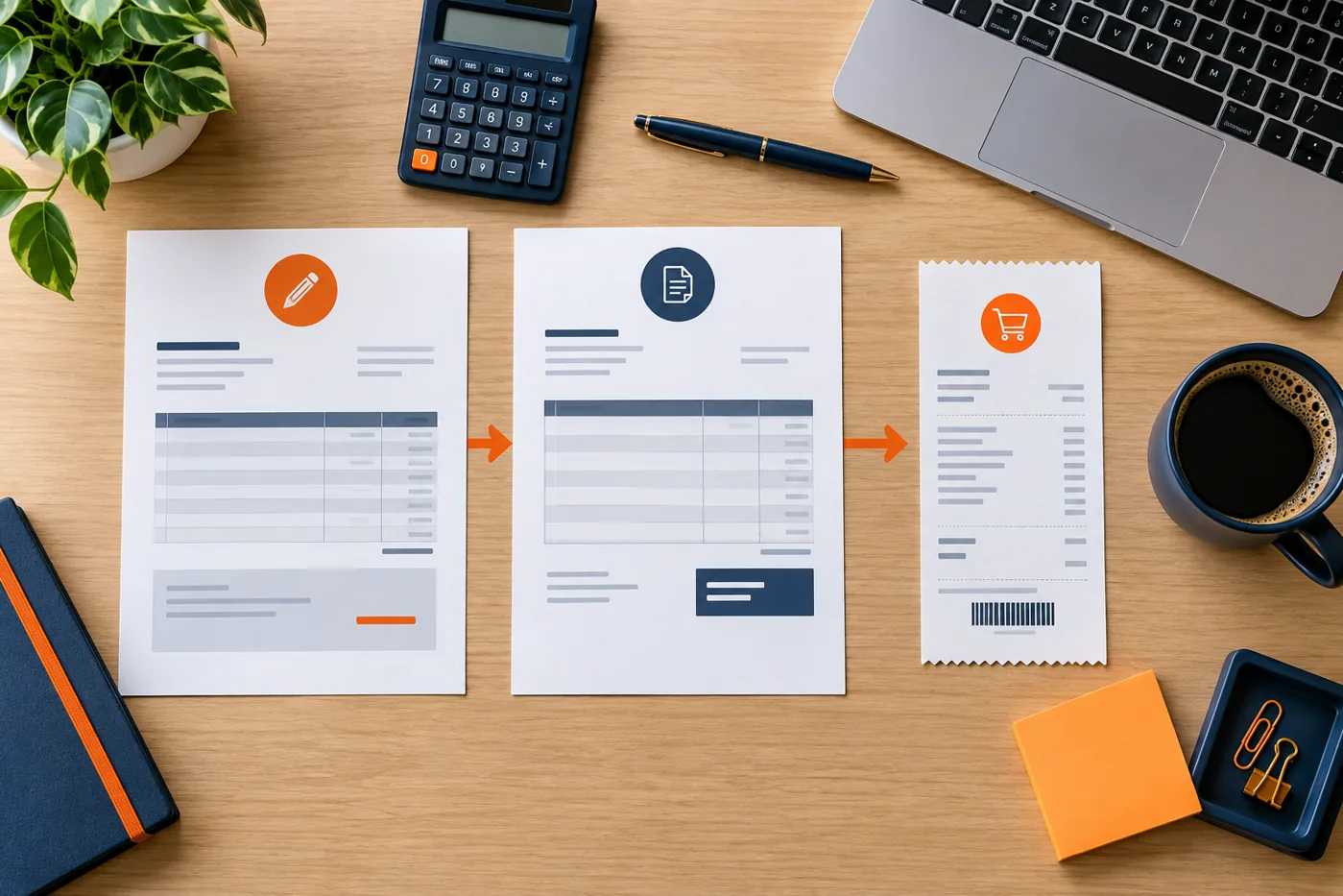 Organized estimate invoice and receipt documents on a business desk