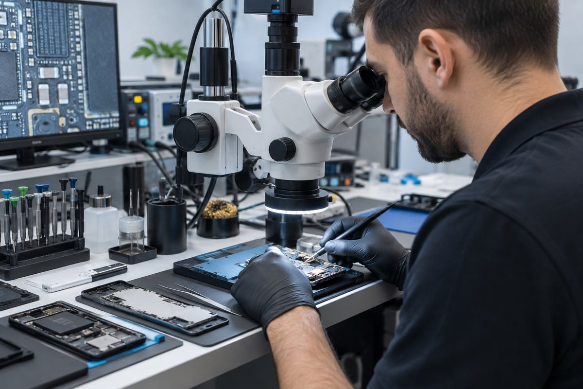 Technician completing board-level repair under a microscope