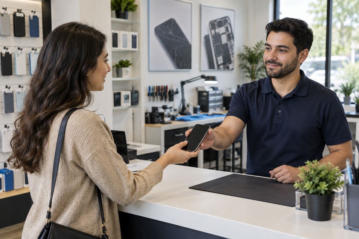 Repair specialist returning a repaired phone to a customer