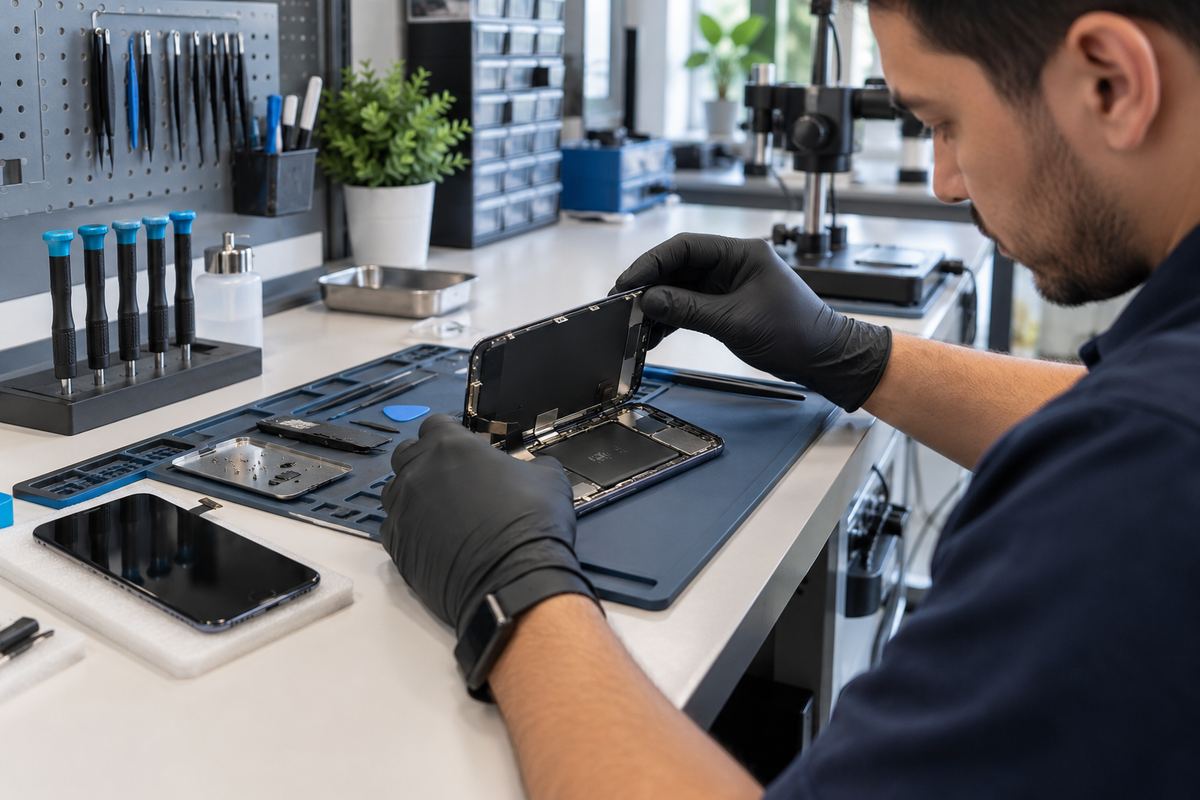 Technician replacing a smartphone display at a precision repair bench